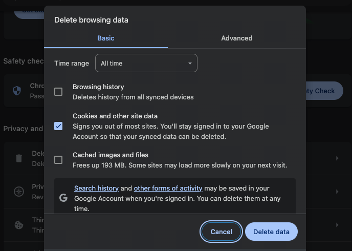 Deleting Cookies and Browsing history from Chrome.