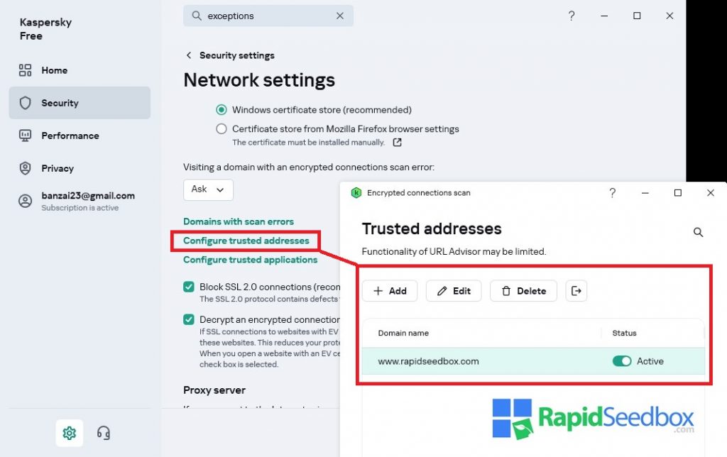 You can bypass firewall or antivirus restrictions by adding exceptions (sometimes called trusted addresses)