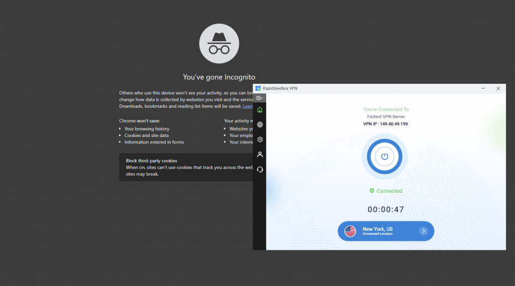 Incognito tab and Rapidseedbox VPN connected to the US.