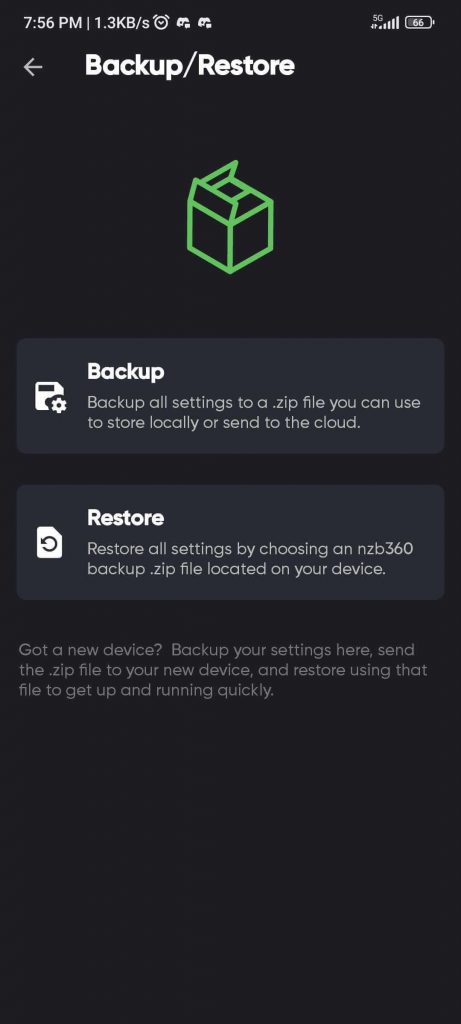 nzb360 backup and restore feature